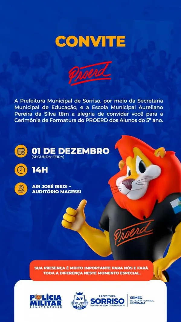 Na próxima semana tem formatura do Proerd no Centro de Eventos Ari José Riedi